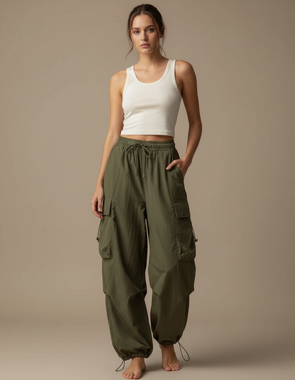 Pantalon Parachute Vert Cargo Ample Décontracté Femme - Kaki Polyester