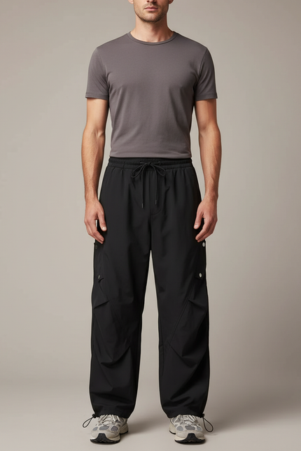Pantalon Parachute Noir Ample Cargo Homme Sport - Polyester