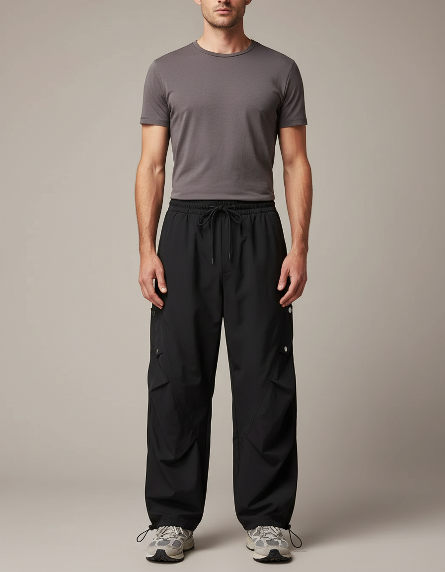Pantalon Parachute Noir Ample Cargo Homme Sport - Polyester