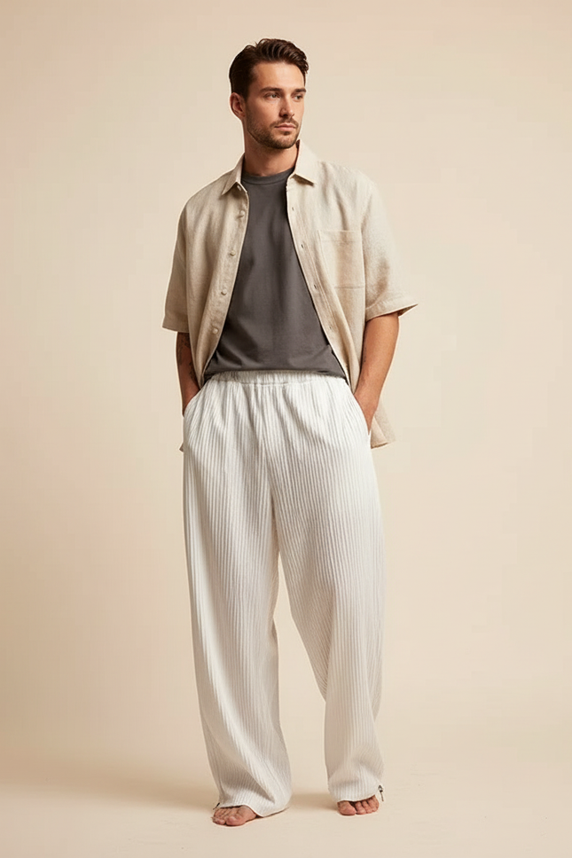 Pantalon Parachute Blanc Plissé Ample Décontracté Homme - Polyester