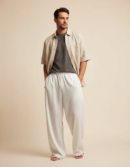 Pantalon Parachute Blanc Plissé Ample Décontracté Homme - Polyester