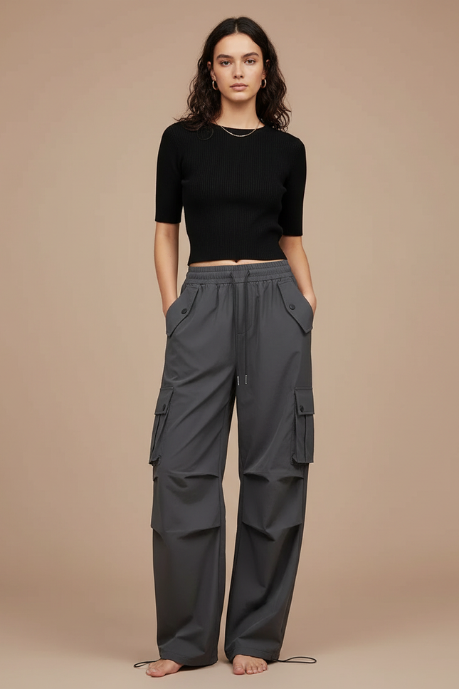 Pantalon Parachute Gris Femme Ample Cargo Décontracté - Polyester