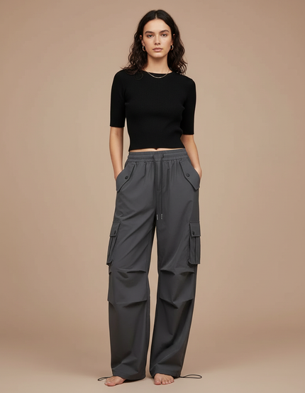 Pantalon Parachute Gris Femme Ample Cargo Décontracté - Polyester