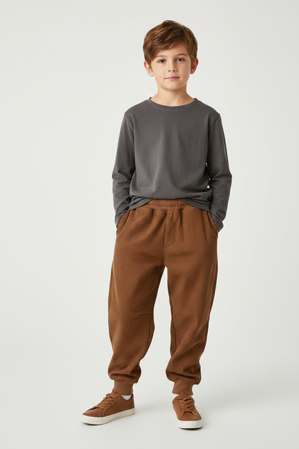 Pantalon Parachute Marron Côtelé Ample Confortable Garçon - Cordé