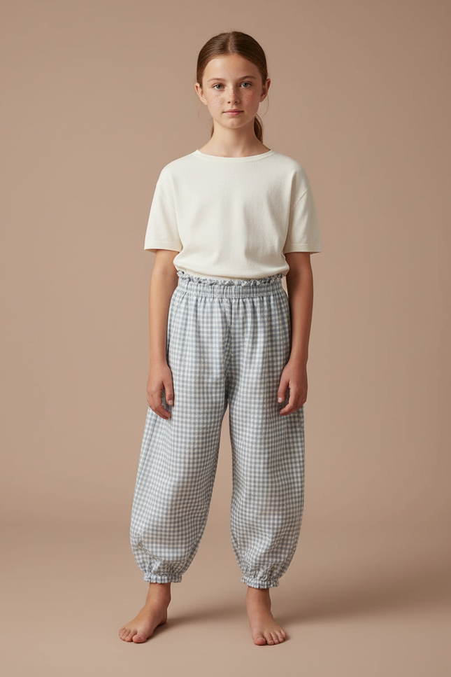 Pantalon Parachute Vichy Coton Ample Enfants - Bleu