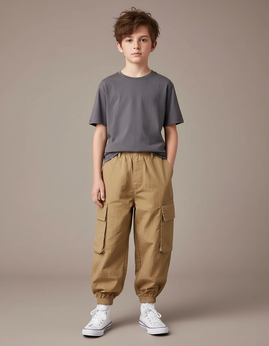 Pantalon Parachute Kaki Cargo Ample Garçon Décontracté - Polyester