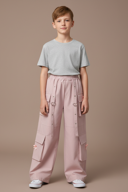 Pantalon Parachute Rose Cargo Ample Fille Poches - Gabardine