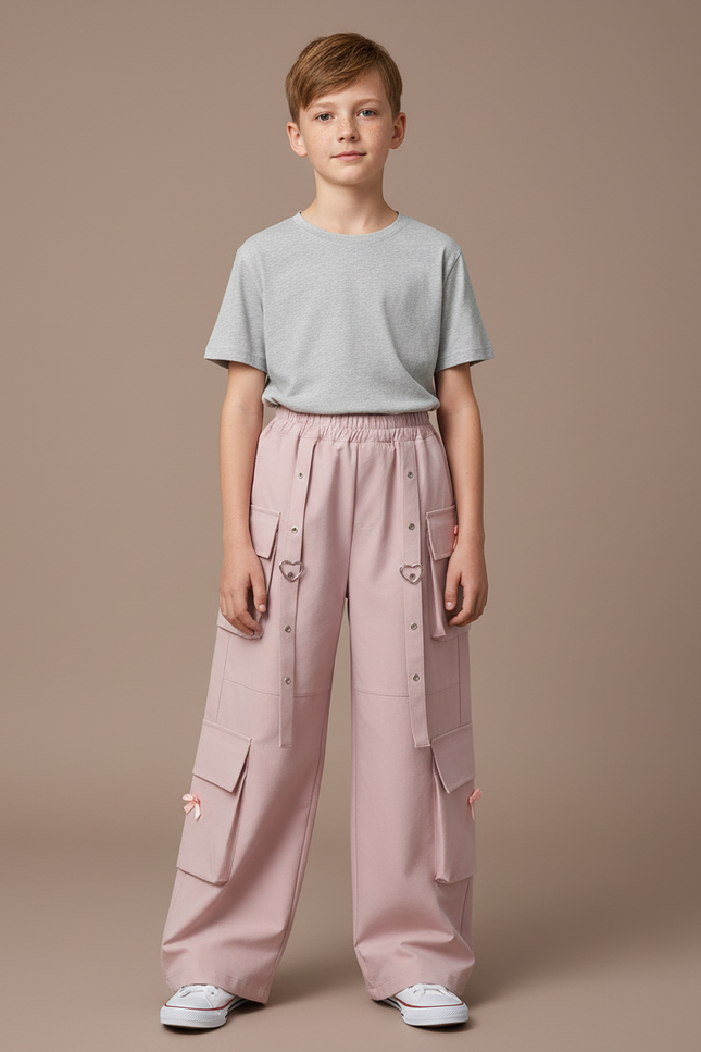 Pantalon Parachute Rose Cargo Ample Fille Poches - Gabardine