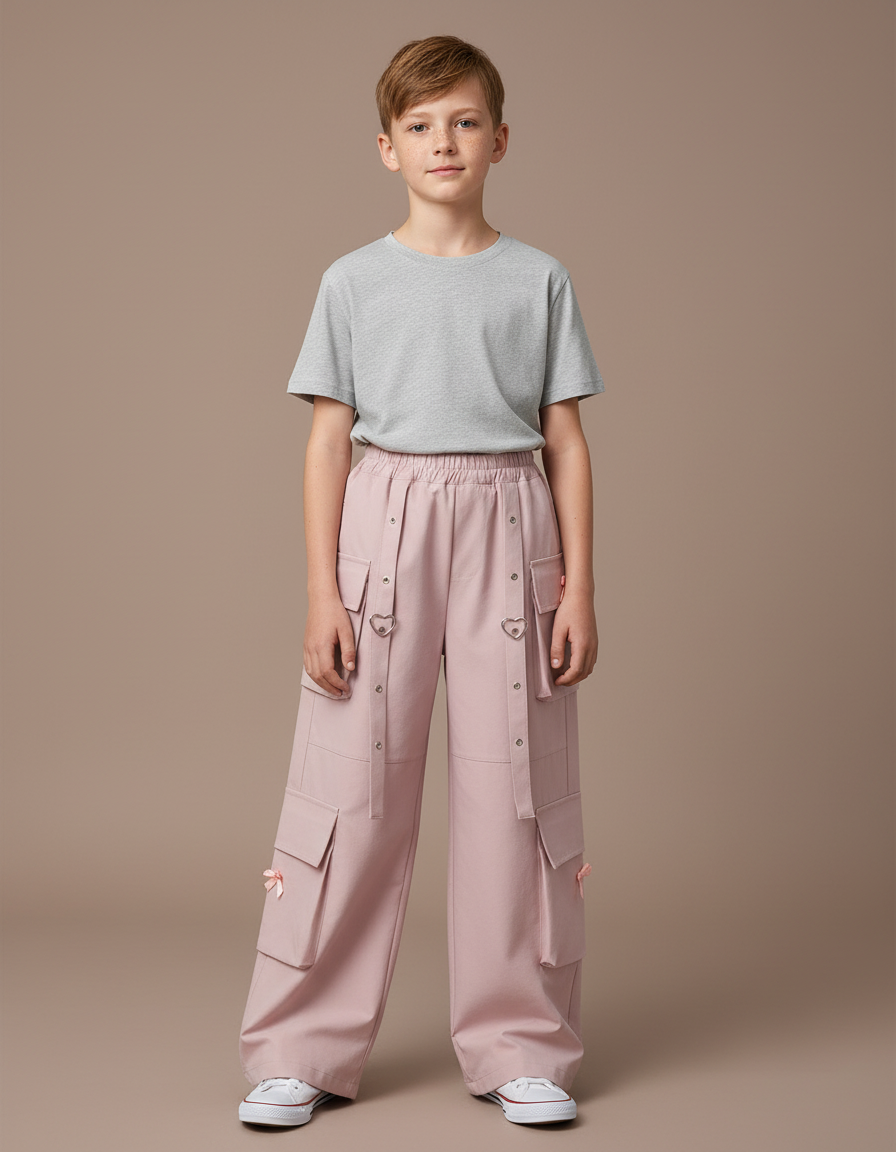 Pantalon Parachute Rose Cargo Ample Fille Poches - Gabardine