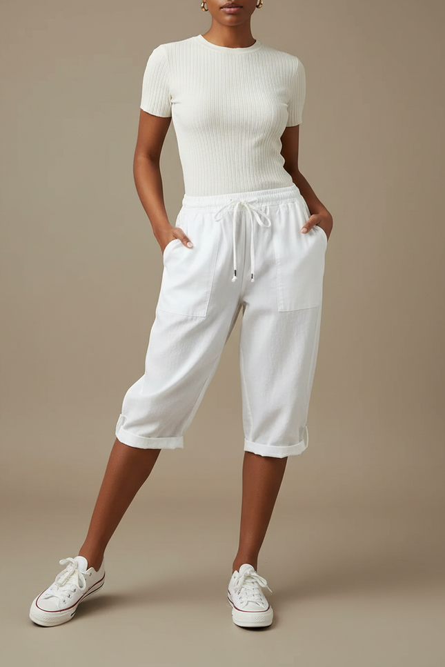 Pantalon Parachute Blanc Coton Lin Ample Décontracté Femmes