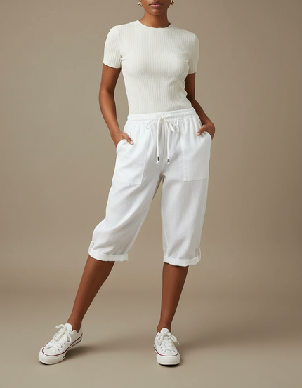 Pantalon Parachute Blanc Coton Lin Ample Décontracté Femmes