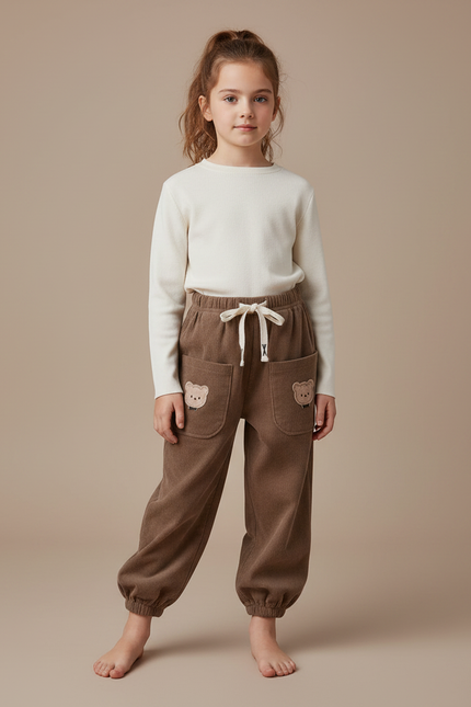 Pantalon Parachute Marron Côtelé Ours Enfant Décontracté - Cordé