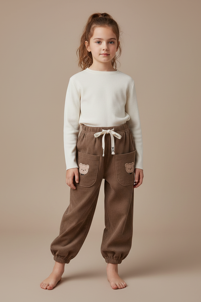 Pantalon Parachute Marron Côtelé Ours Enfant Décontracté - Cordé