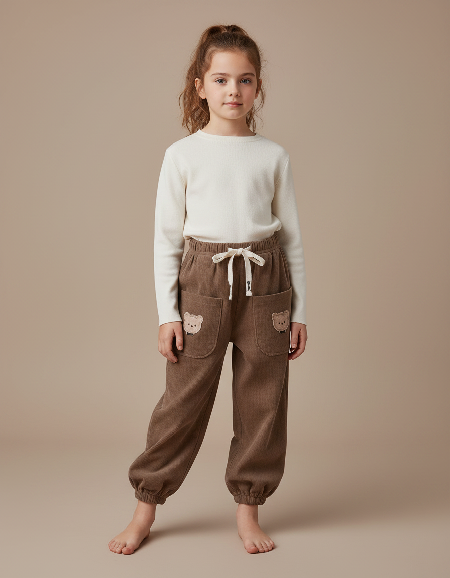 Pantalon Parachute Marron Côtelé Ours Enfant Décontracté - Cordé