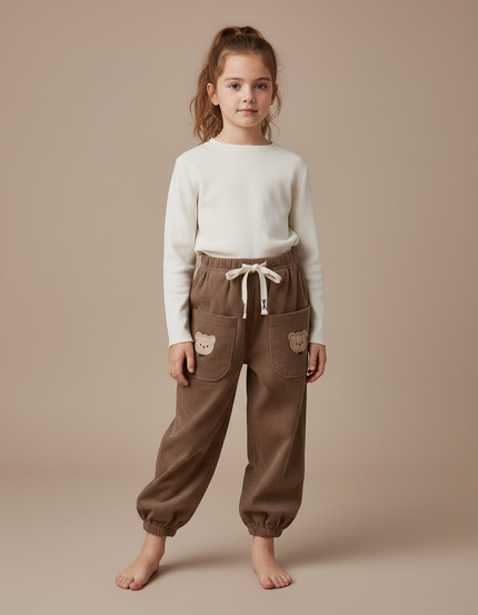 Pantalon Parachute Marron Côtelé Ours Enfant Décontracté - Cordé