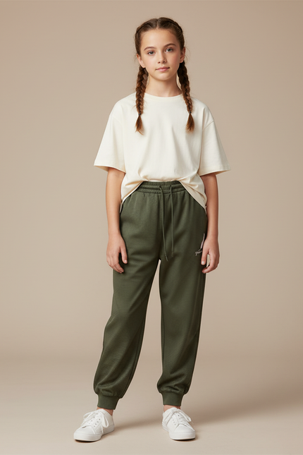 Pantalon Parachute Vert Ample Texturé Sport Enfant - Kaki Maille