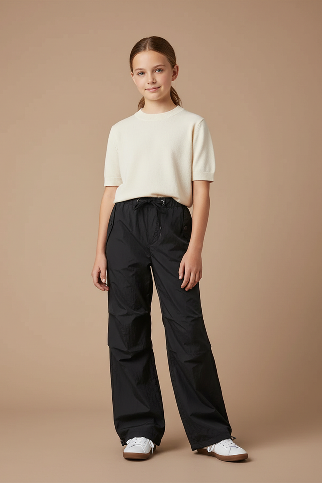 Pantalon Parachute Noir Ample Léger Décontracté Fille - Polyester