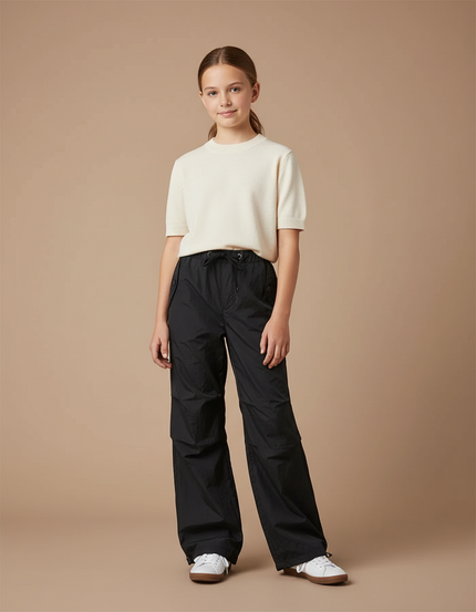 Pantalon Parachute Noir Ample Léger Décontracté Fille - Polyester