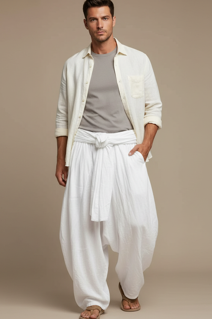 Pantalon Parachute Blanc Ample Lin Décontracté Homme