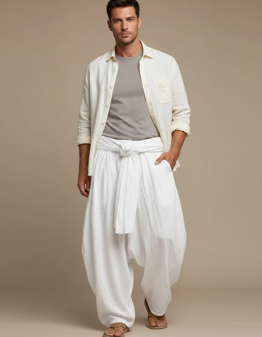 Pantalon Parachute Blanc Ample Lin Décontracté Homme