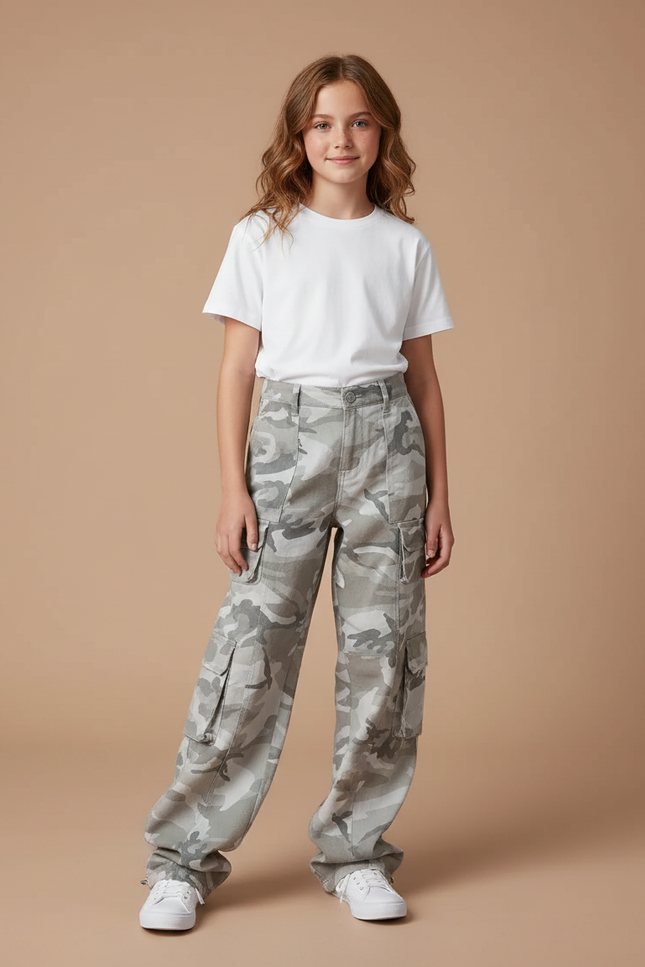 Pantalon Parachute Camouflage Gris Ample Cargo Fille - Toile