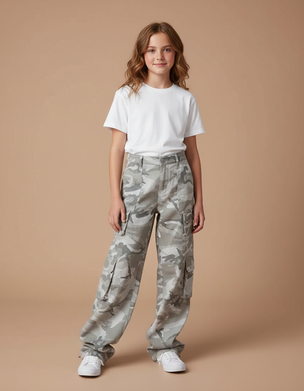 Pantalon Parachute Camouflage Gris Ample Cargo Fille - Toile