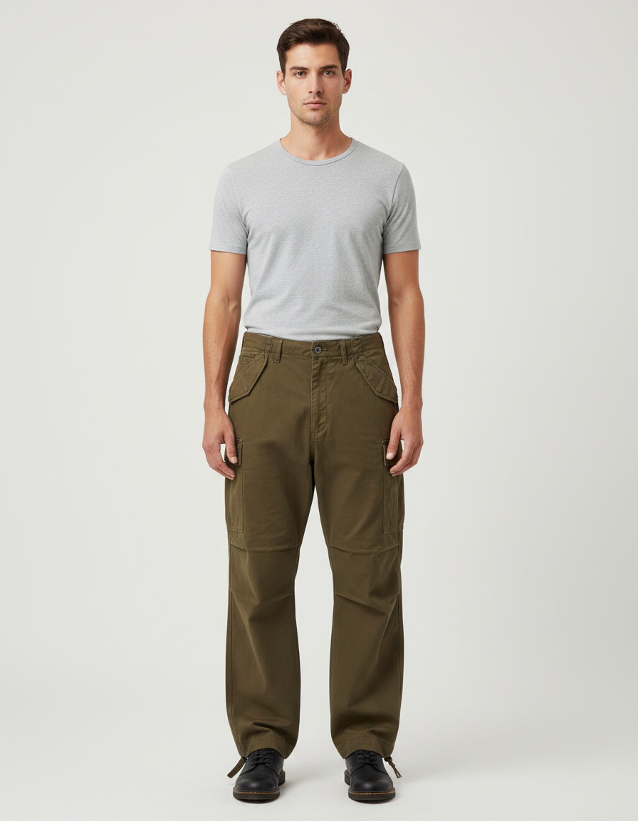 Pantalon Parachute Kaki Cargo Ample Coton Homme