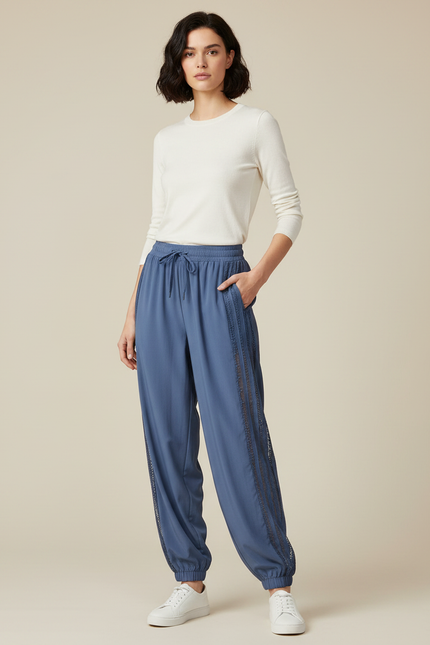 Pantalon Parachute Bleu Harem Fluide Dentelle Cordon - Viscose