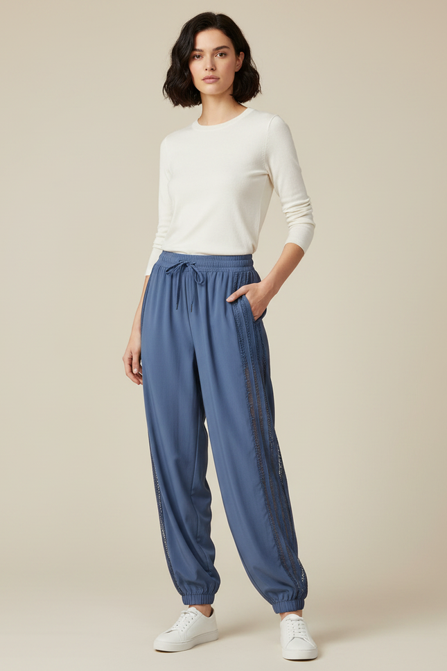 Pantalon Parachute Bleu Harem Fluide Dentelle Cordon - Viscose