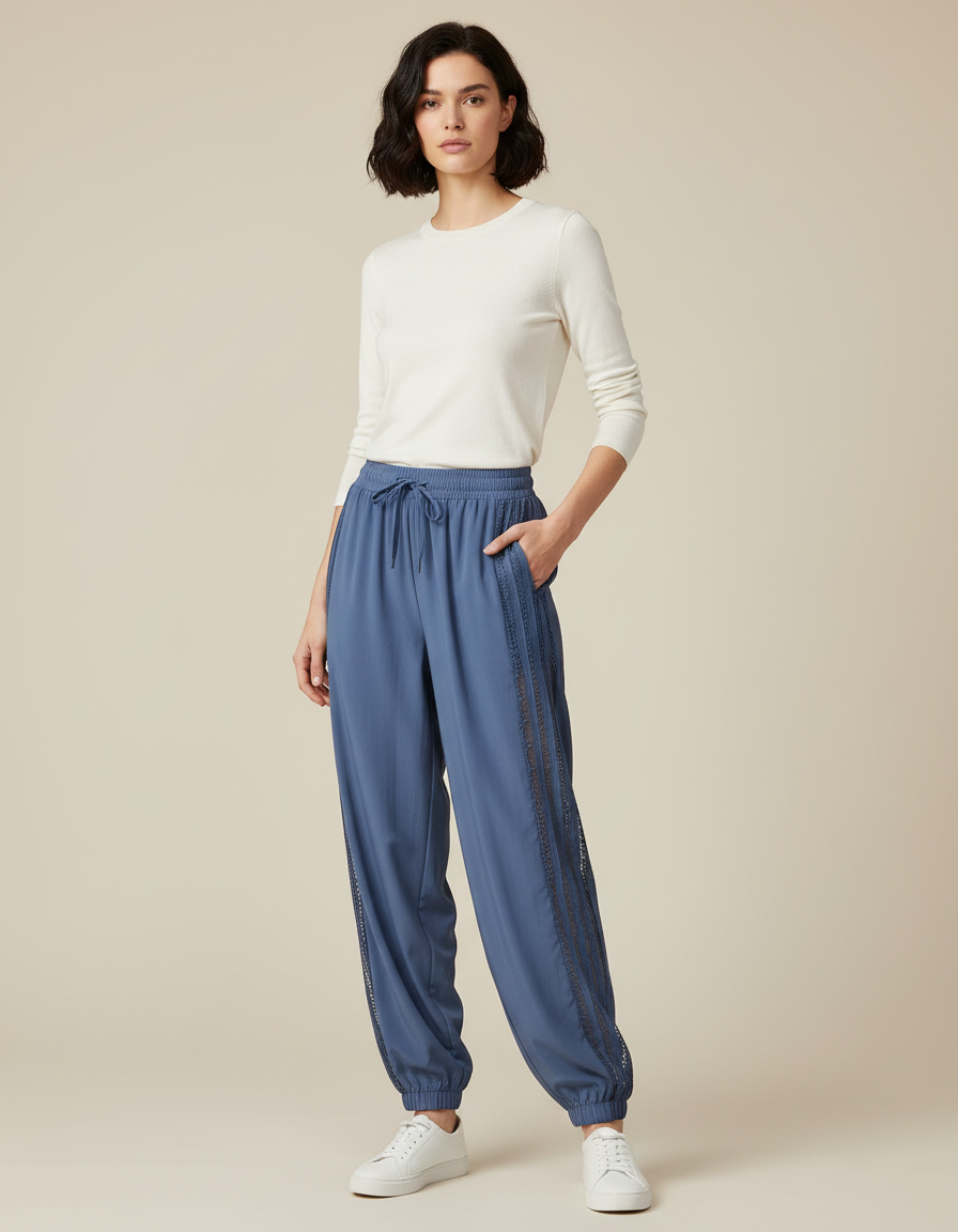 Pantalon Parachute Bleu Harem Fluide Dentelle Cordon - Viscose