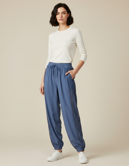 Pantalon Parachute Bleu Harem Fluide Dentelle Cordon - Viscose