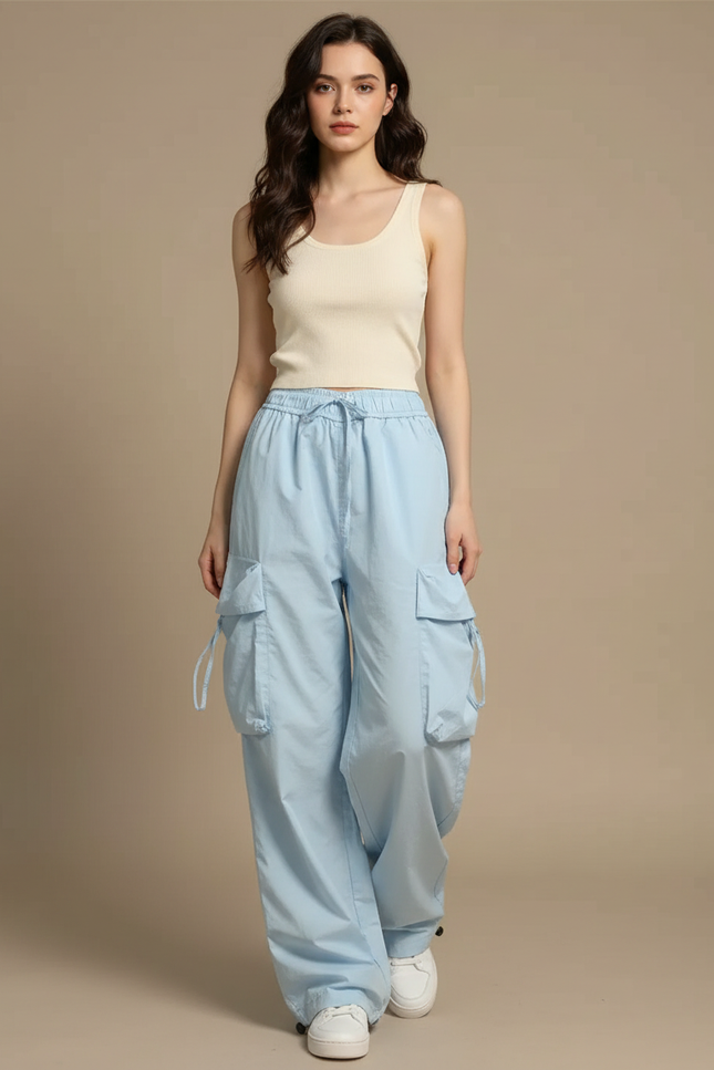 Pantalon Parachute Femme Cargo Nylon Streetwear - Bleu Polyester