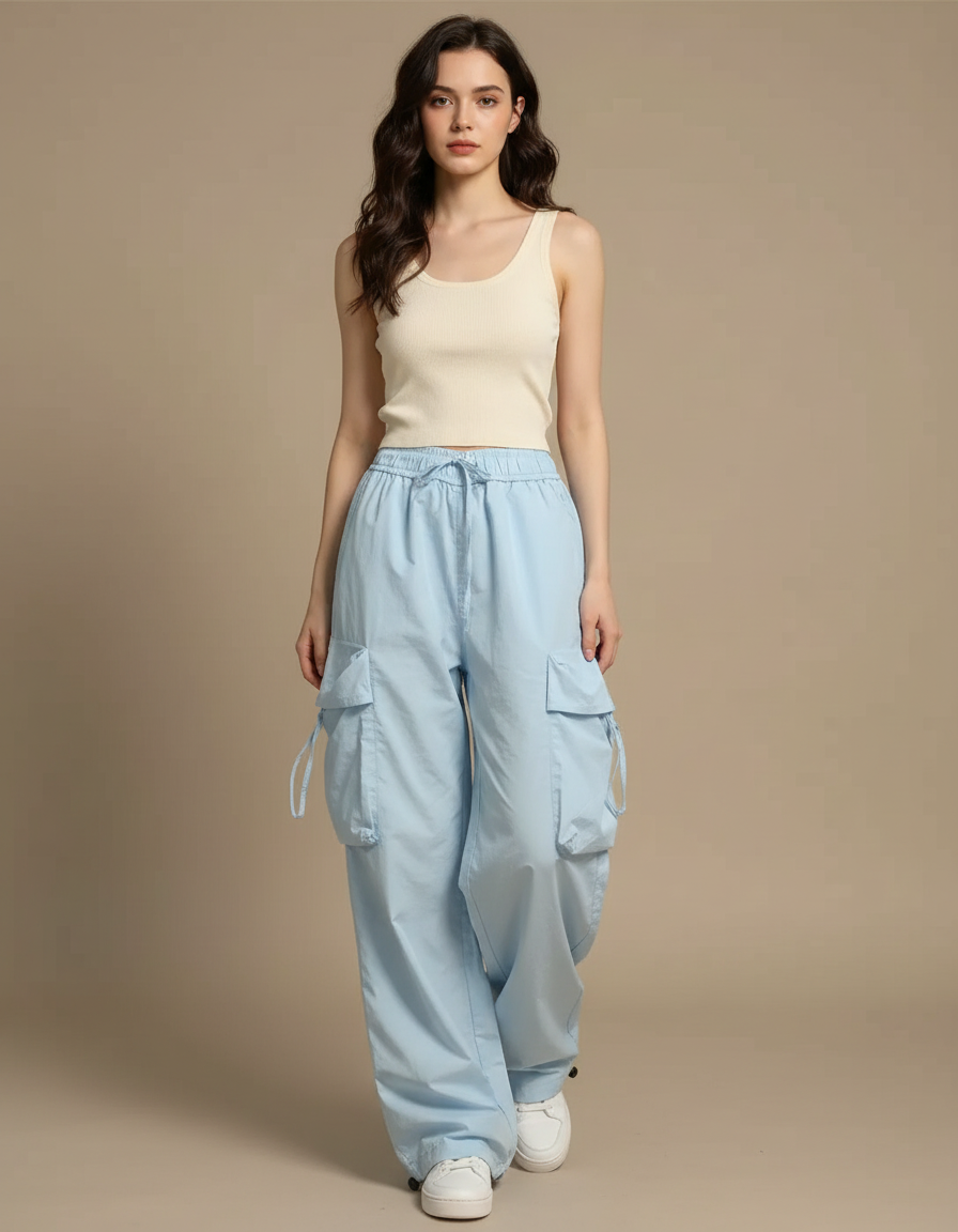 Pantalon Parachute Femme Cargo Nylon Streetwear - Bleu Polyester