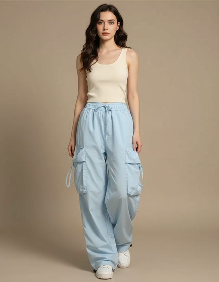 Pantalon Parachute Femme Cargo Nylon Streetwear - Bleu Polyester