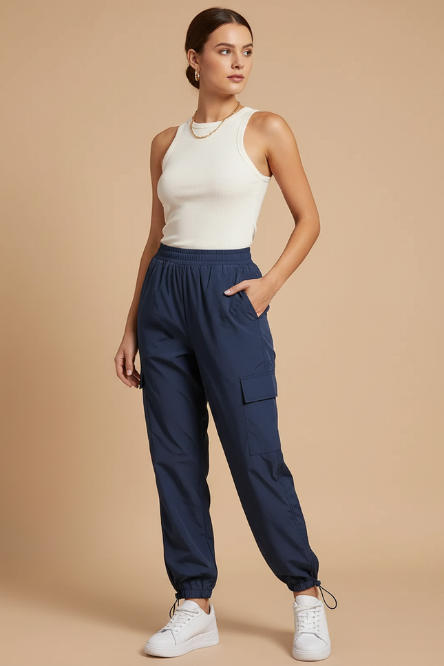 Pantalon Parachute Bleu Marine Cargo Cordon Ample Femme - Polyester