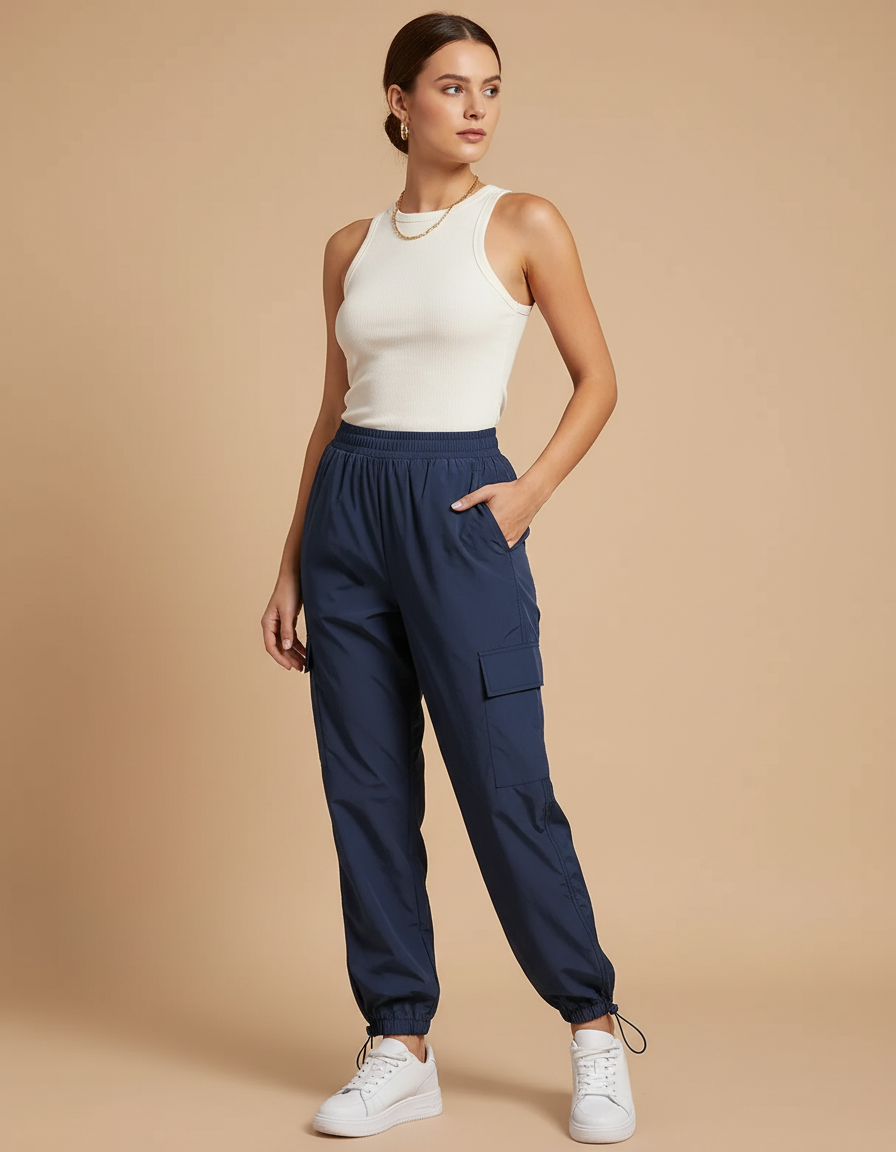 Pantalon Parachute Bleu Marine Cargo Cordon Ample Femme - Polyester