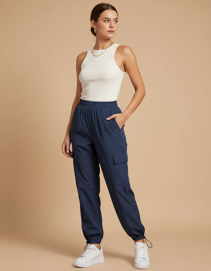 Pantalon Parachute Bleu Marine Cargo Cordon Ample Femme - Polyester