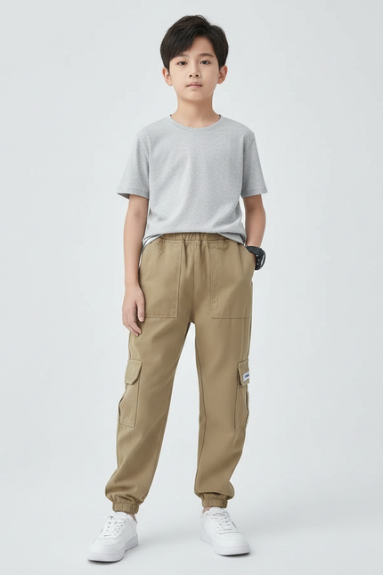 Pantalon Parachute Kaki Ample Coton Cargo Garçon