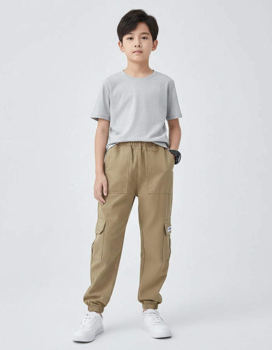 Pantalon Parachute Kaki Ample Coton Cargo Garçon