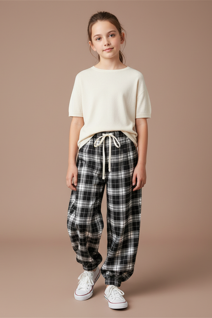 Pantalon Parachute Plaid Noir Ample Décontracté Unisexe - Imprimé Molleton