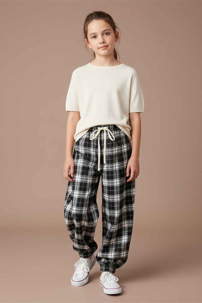 Pantalon Parachute Plaid Noir Ample Décontracté Unisexe - Imprimé Molleton