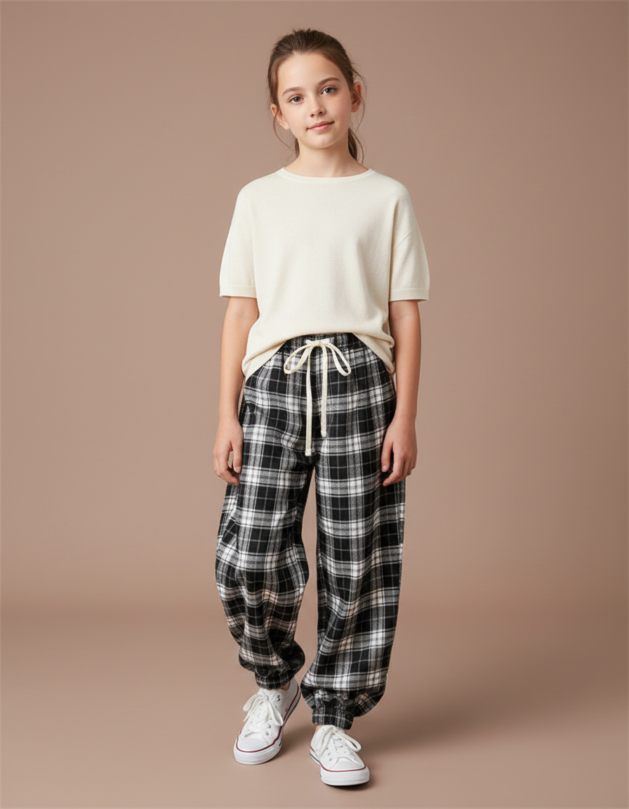 Pantalon Parachute Plaid Noir Ample Décontracté Unisexe - Imprimé Molleton