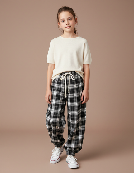 Pantalon Parachute Plaid Noir Ample Décontracté Unisexe - Imprimé Molleton