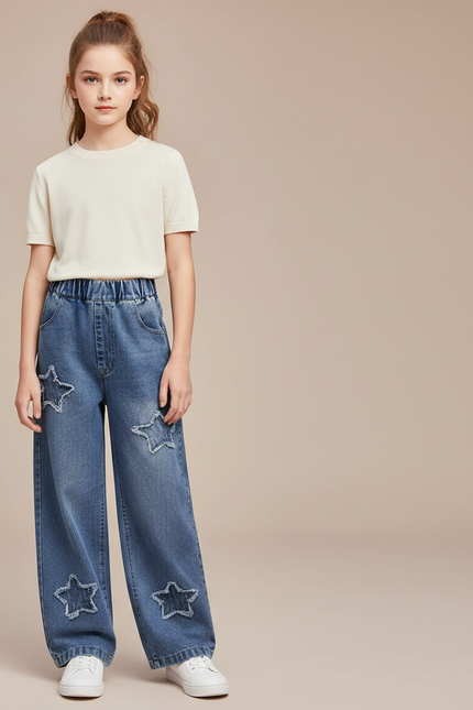 Pantalon Parachute Denim Étoiles Ample Fille Jeans - Bleu