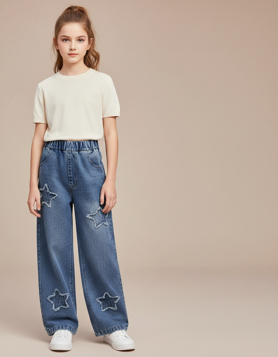 Pantalon Parachute Denim Étoiles Ample Fille Jeans - Bleu