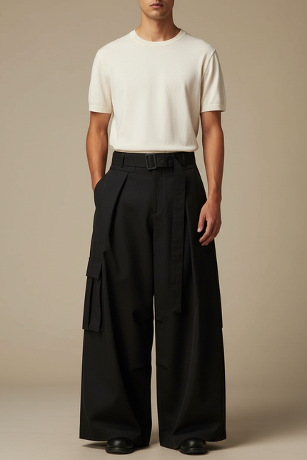 Pantalon Parachute Noir Ample Cargo Plissé Ceinturé - Polyester