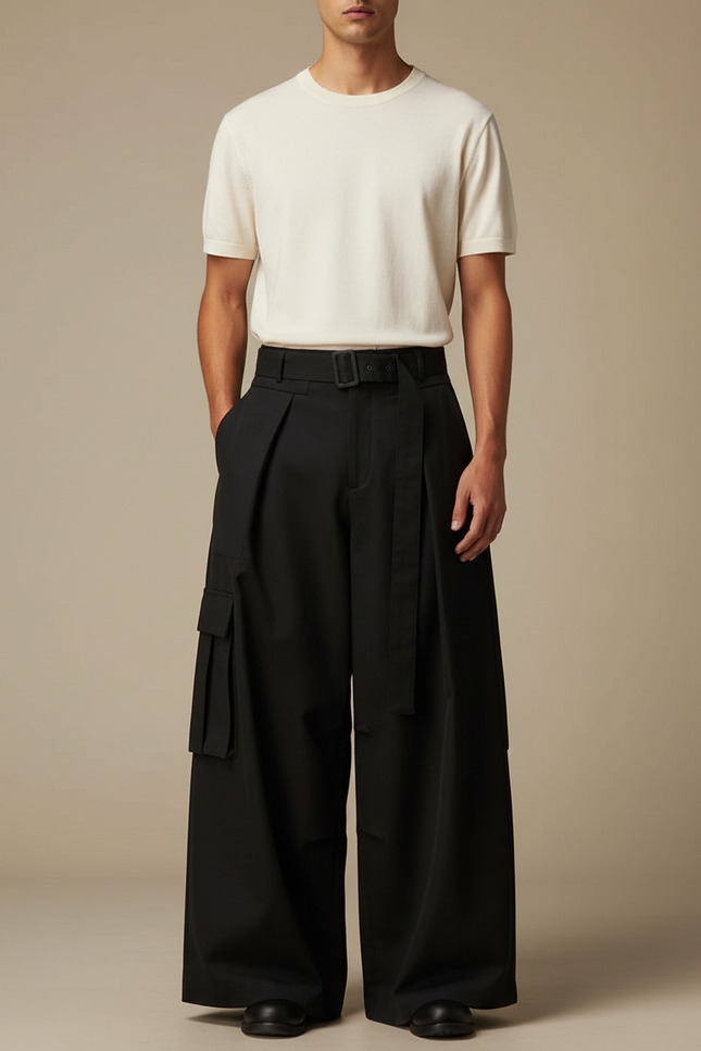 Pantalon Parachute Noir Ample Cargo Plissé Ceinturé - Polyester