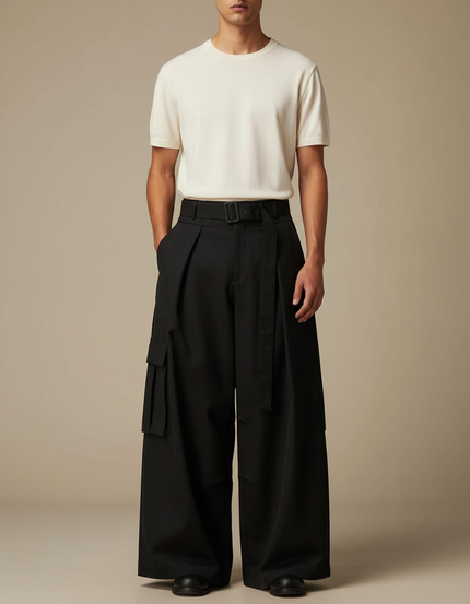 Pantalon Parachute Noir Ample Cargo Plissé Ceinturé - Polyester