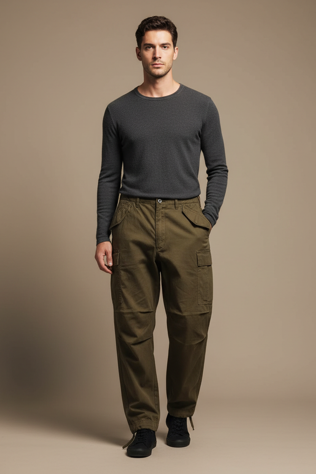 Pantalon Parachute Homme Kaki Resserré Aux Chevilles - Toile