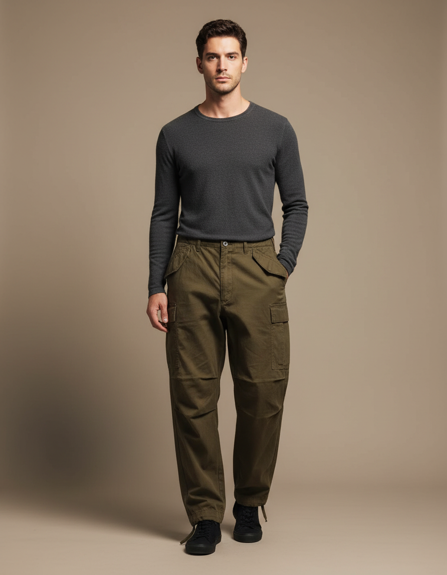 Pantalon Parachute Homme Kaki Resserré Aux Chevilles - Toile